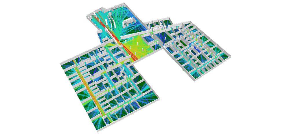 Figure 1 – VGA with a 3D view of the workspace. Red areas are more visually connected spaces; blue areas are less visually connected. 