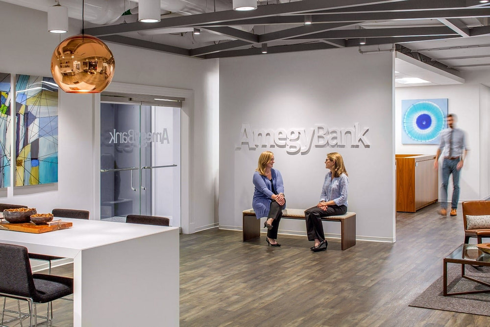 The entrance area at the Amegy Bank office in Fort Worth, Texas. 