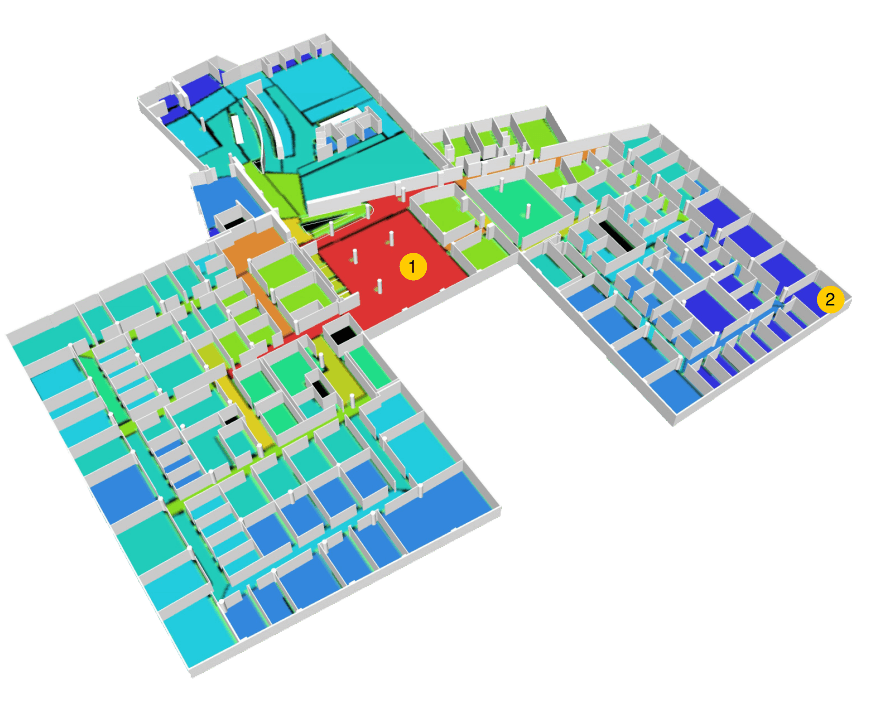 Figure 3 – The Integration of Space convex map overlaid with a 3D workspace view. Red is the most integrated; dark blue is least integrated. Area #1 is the most integrated and area #2 is one of the least integrated spaces.