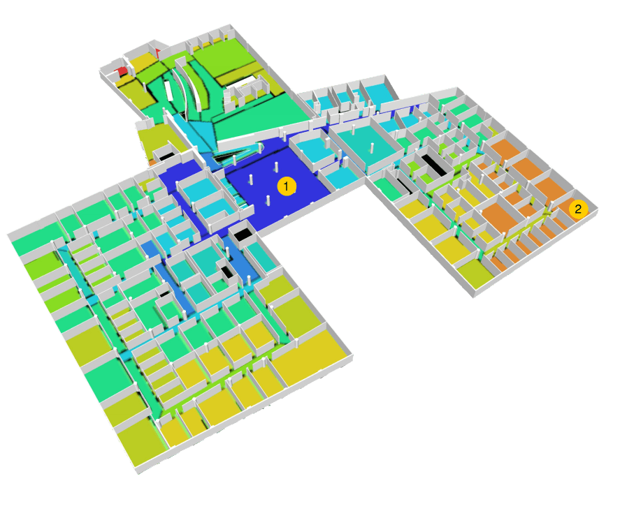 Figure 5 – The Mean Depth of Space convex map overlaid with a 3D workplace view. Red indicates a utility closet, the only abnormally deep space; dark blue shows shallow spaces. Area #1 is the most shallow; area #2 indicates some of the deepest space.
