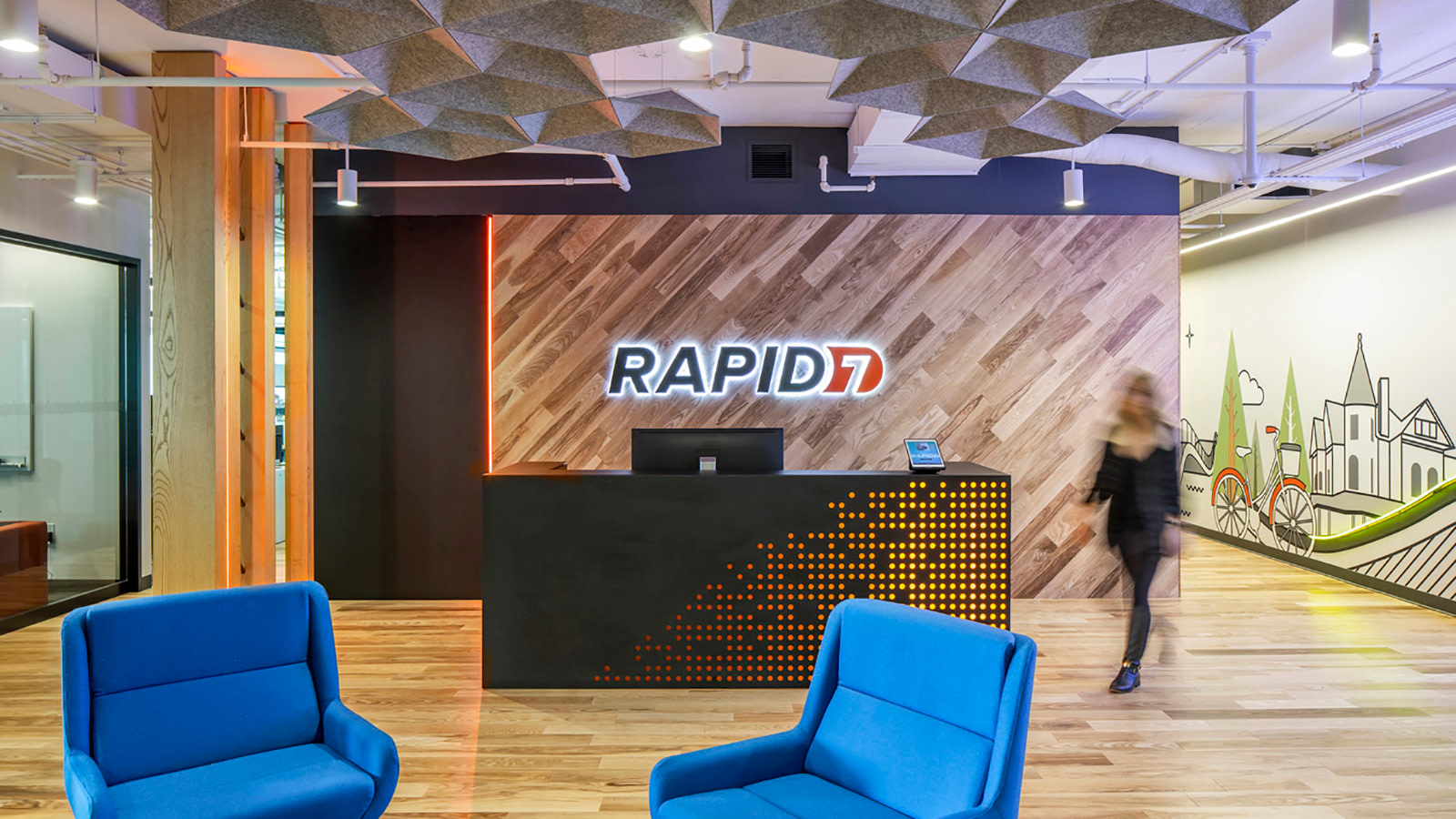 The reception area and lobby of Rapid7 Toronto