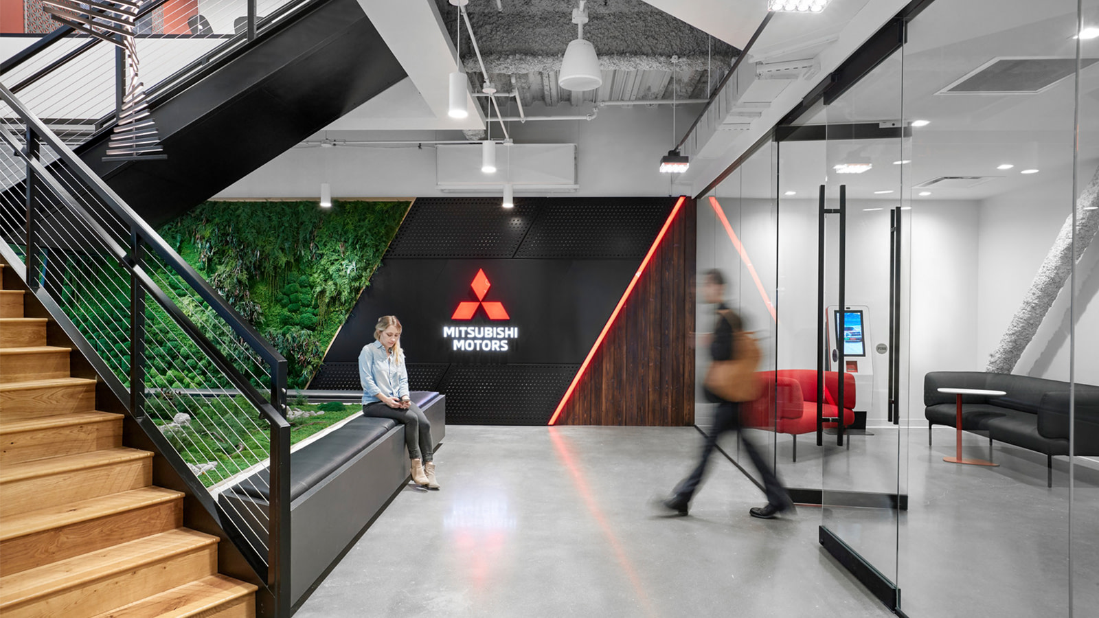 An unstaffed reception area at Mitsubishi's American Headquarters