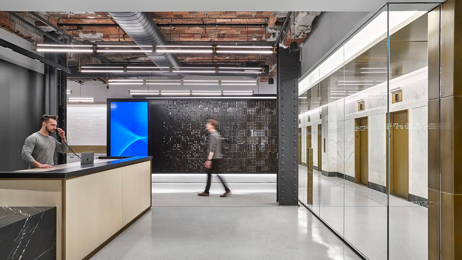 A high-tech reception area at a New York City workspace.