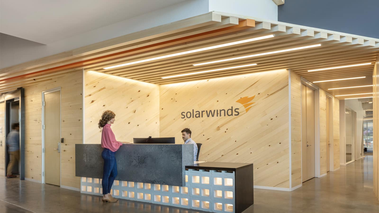 The reception area at SolarWinds' Lehi workspace.