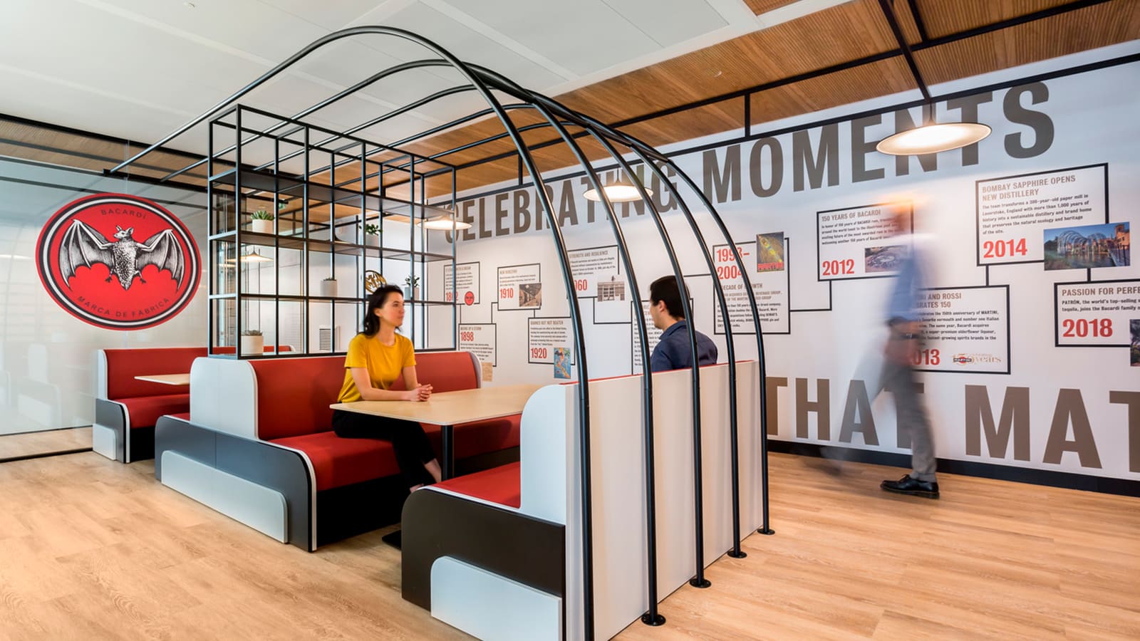 A booth suited for collaboration at Bacardi's Paris office space.