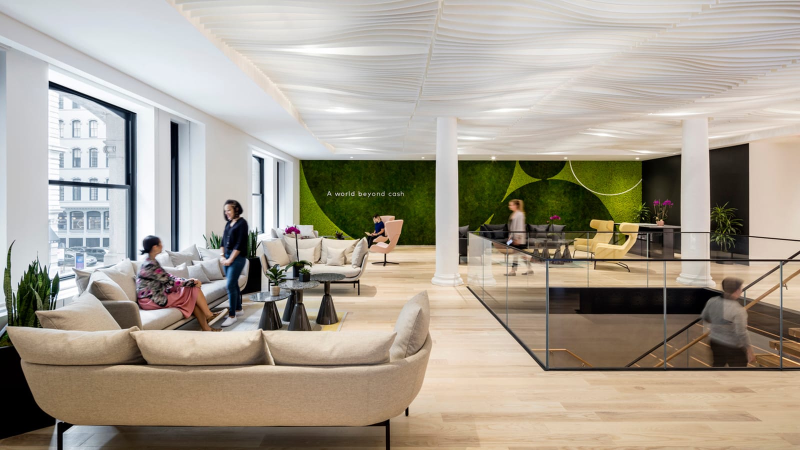 Biophilic elements in the workplace of MasterCard's NYC Tech Hub