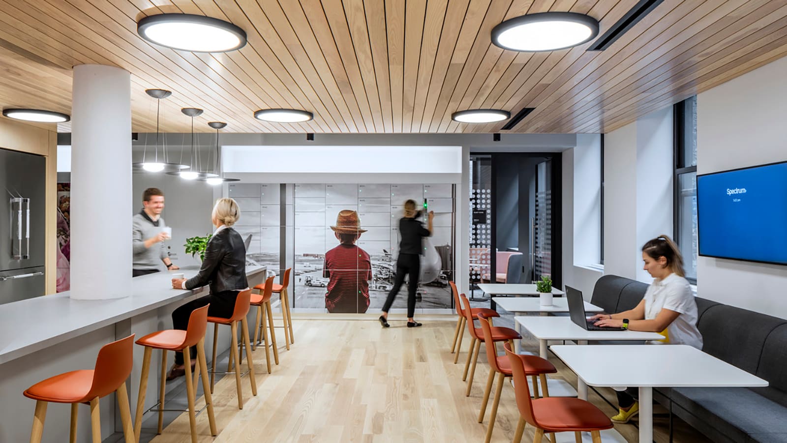 A locker and cafe space at MasterCard's New York City tech hub