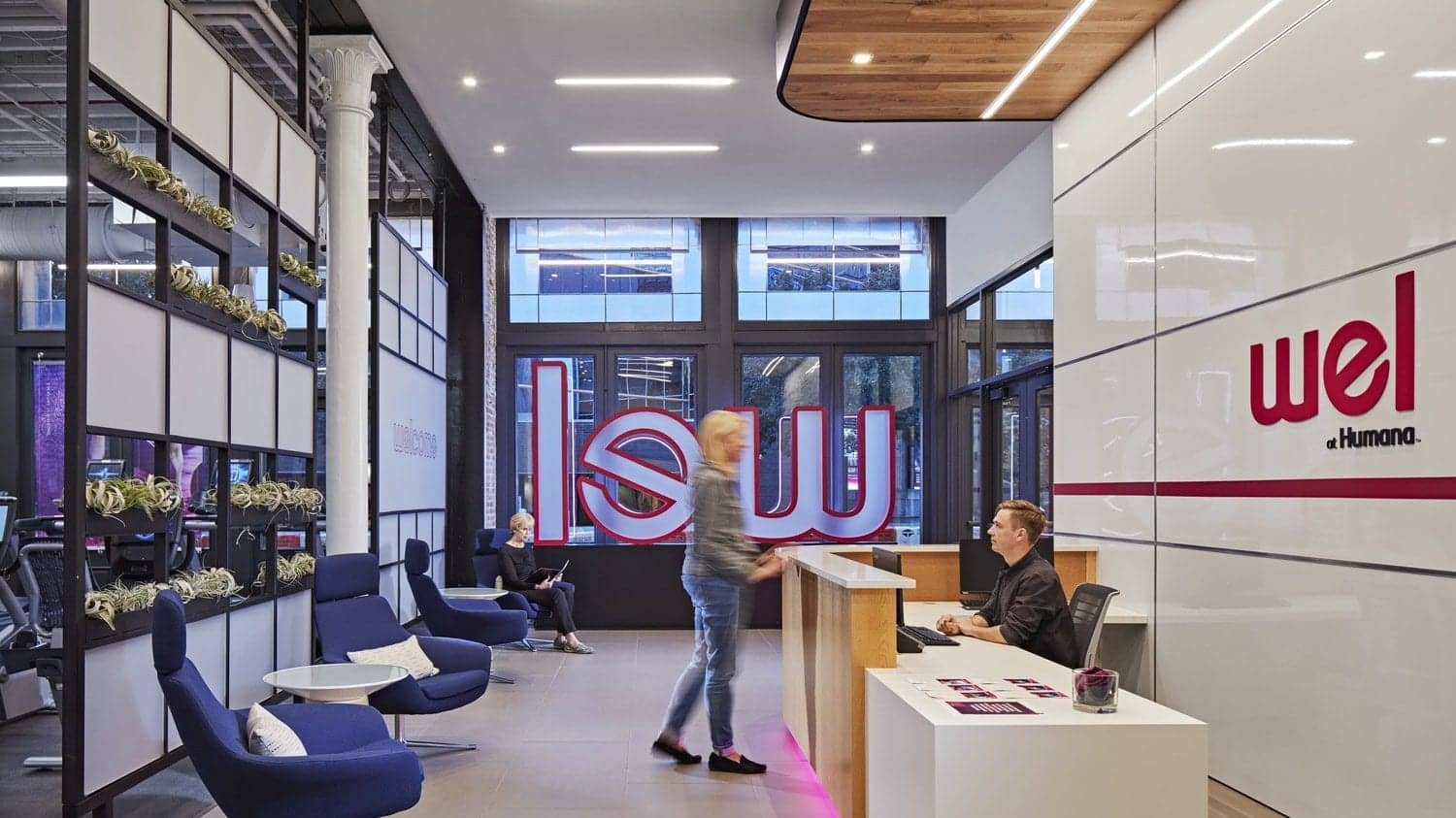 The reception area of the Wel at Humana fitness center in Louisville KY